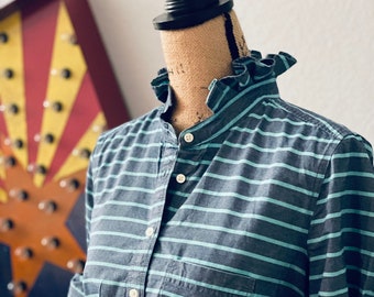 Striped Cotton Ruffle Collar Blouse: Upcycled Button-Down Shirt