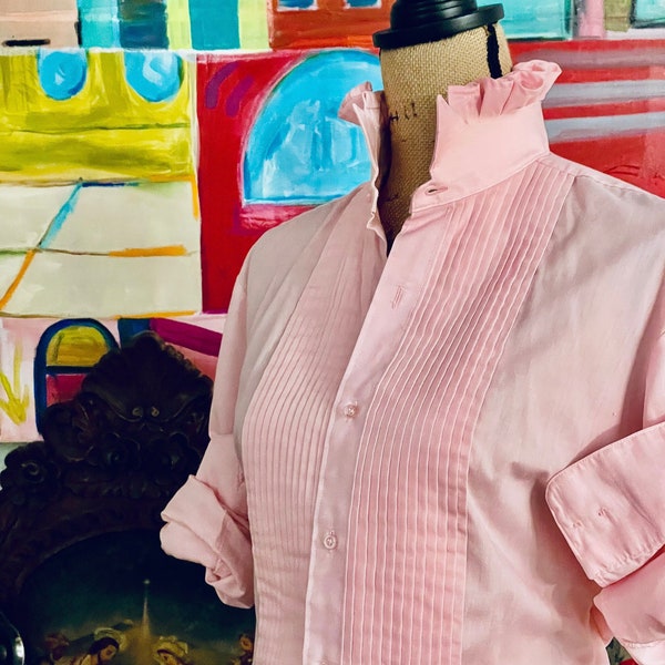 Rare Pink Reworked MensTuxedo Shirt, Unique Ruffle Collar Long Sleeve LIGHT WEIGHT Top, Upcycled Tuxedo Blouse