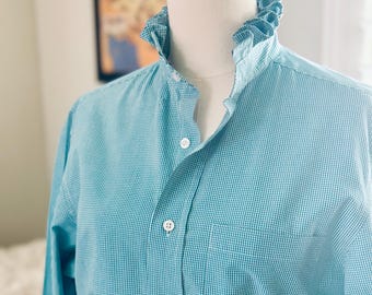 Upcycled Men’s to Ladies Shirt | Turquoise Blue Gingham Ruffle Collar
