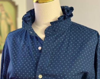 Reworked Blue Cotton Button-Up Shirt - Abstract Print, Long/Short Sleeve