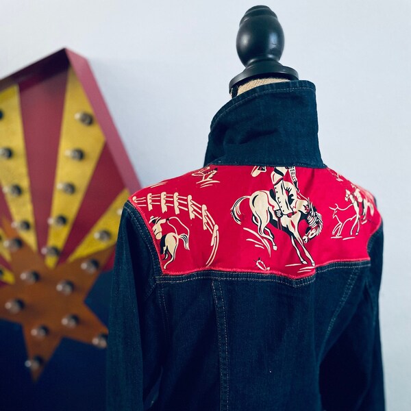 Vintage Inspired Western Denim Jacket Buckin' Bronc Show Stopping Reworked Size 14 One of Kind Western Jacket