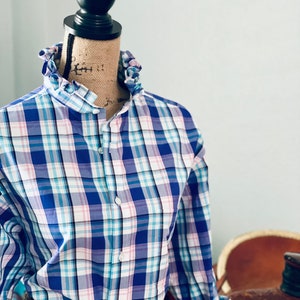 Reworked Plaid Cotton Shirt: Ruffle Collar Long Sleeve Button-Down