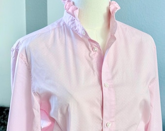 Upcycled Ruffle Collar Shirt: Pink with White Polka Dots, Cotton, Unisex, Reworked