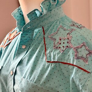 Reworked Pearl Snap Shirt: Pendleton Wool & Denim Star Appliqué Top, Hand Chain Stitch image 10
