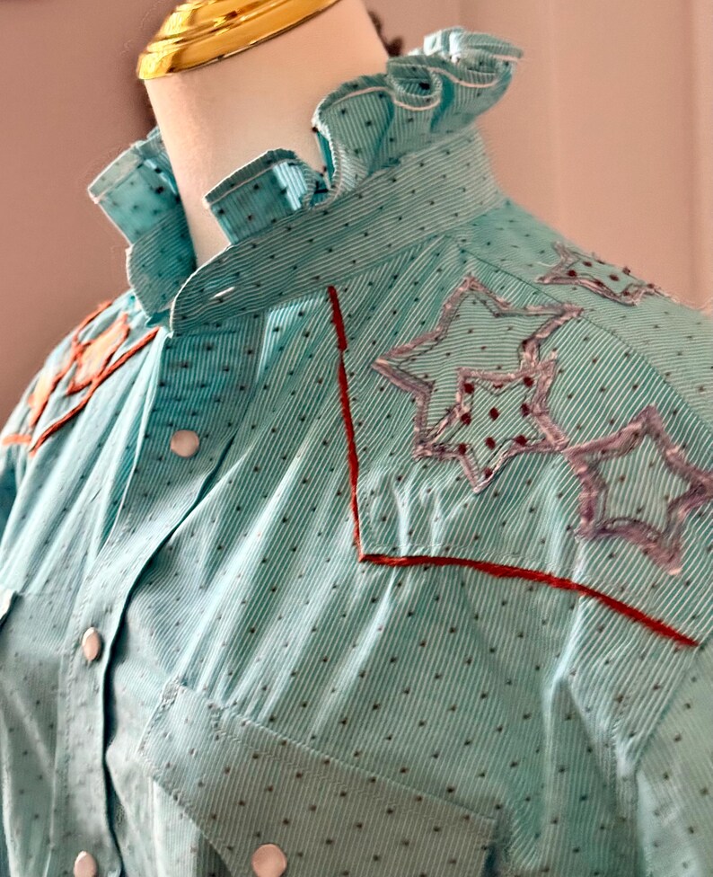 Reworked Pearl Snap Shirt: Pendleton Wool & Denim Star Appliqué Top, Hand Chain Stitch image 10