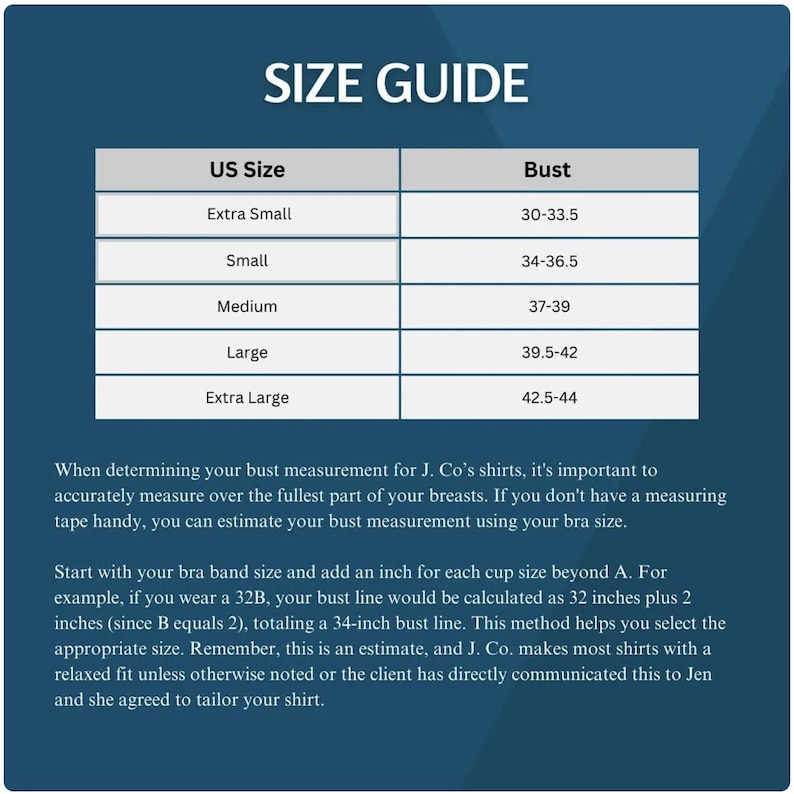 May include: A size guide for shirts, with US sizes ranging from Extra Small to Extra Large, and corresponding bust measurements from 30 to 44 inches. Includes instructions on how to measure bust size for a proper fit.