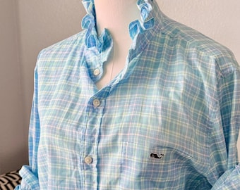 Reworked Plaid Cotton Shirt: Ruffle Collar, Vineyard Vines Upcycled, Pick Your Sleeve Length