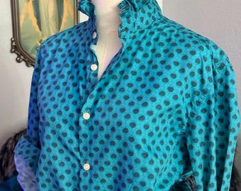 Reworked Teal Blue Cotton Button-Up Shirt - Polka Dot Print, Long/Short Sleeve