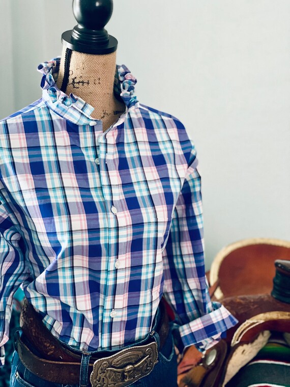 Elegant yet Effortless Ladies Reworked Mens Shirt Ruffle Collar, Chic Plaid  Long Sleeve Button Down Light Weight Shirt for Office or Weekend - Etsy