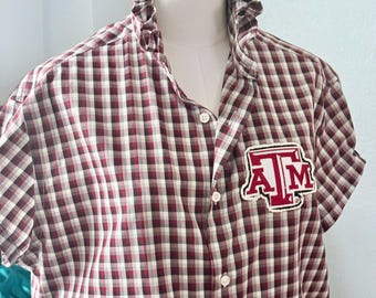 Reworked  TAMU Button-Down Shirt: Maroon and White Ruffle Collar, Pinned Short Sleeve