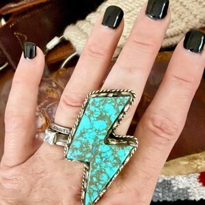 Chunky Tibetan Silver Lightning Bolt Ring, Howlite Turquoise Stone, Adjustable Boho Western Statement image 2