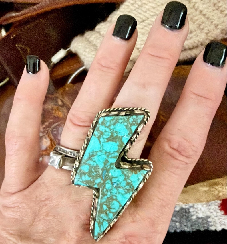 Chunky Tibetan Silver Lightning Bolt Ring, Howlite Turquoise Stone, Adjustable Boho Western Statement image 2