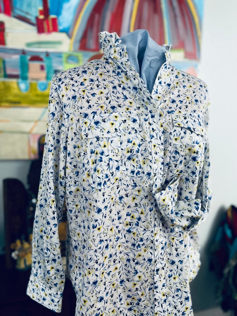 Plus Size Ivory Blue Floral Ruffle Shoulder Button Down Top