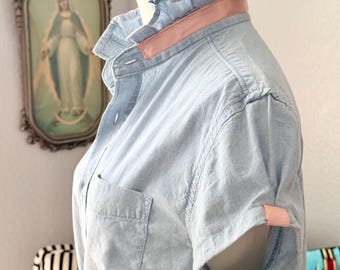 Reworked Shirt:  Light Weight Chambray Ruffle Collar with Peach Details Top Classic Fit