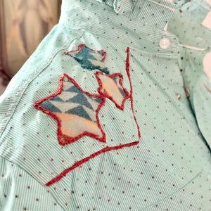 Reworked Pearl Snap Shirt: Pendleton Wool & Denim Star Appliqué Top, Hand Chain Stitch image 11