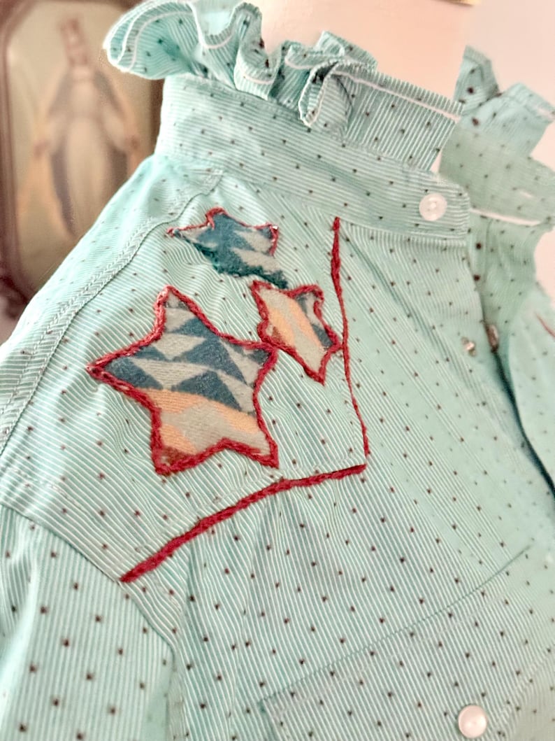 Reworked Pearl Snap Shirt: Pendleton Wool & Denim Star Appliqué Top, Hand Chain Stitch image 11