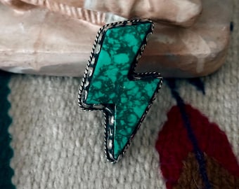 Chunky Tibetan Silver Lightning Bolt Ring, Howlite Turquoise Stone, Adjustable Boho Western Statement