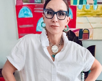 Reworked Seersucker Shirt: White Ruffle Collar Top Boxy Fit