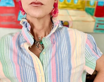 Reworked Oxford Shirt: Pastels Striped Ruffle Collar Top Boxy Fit