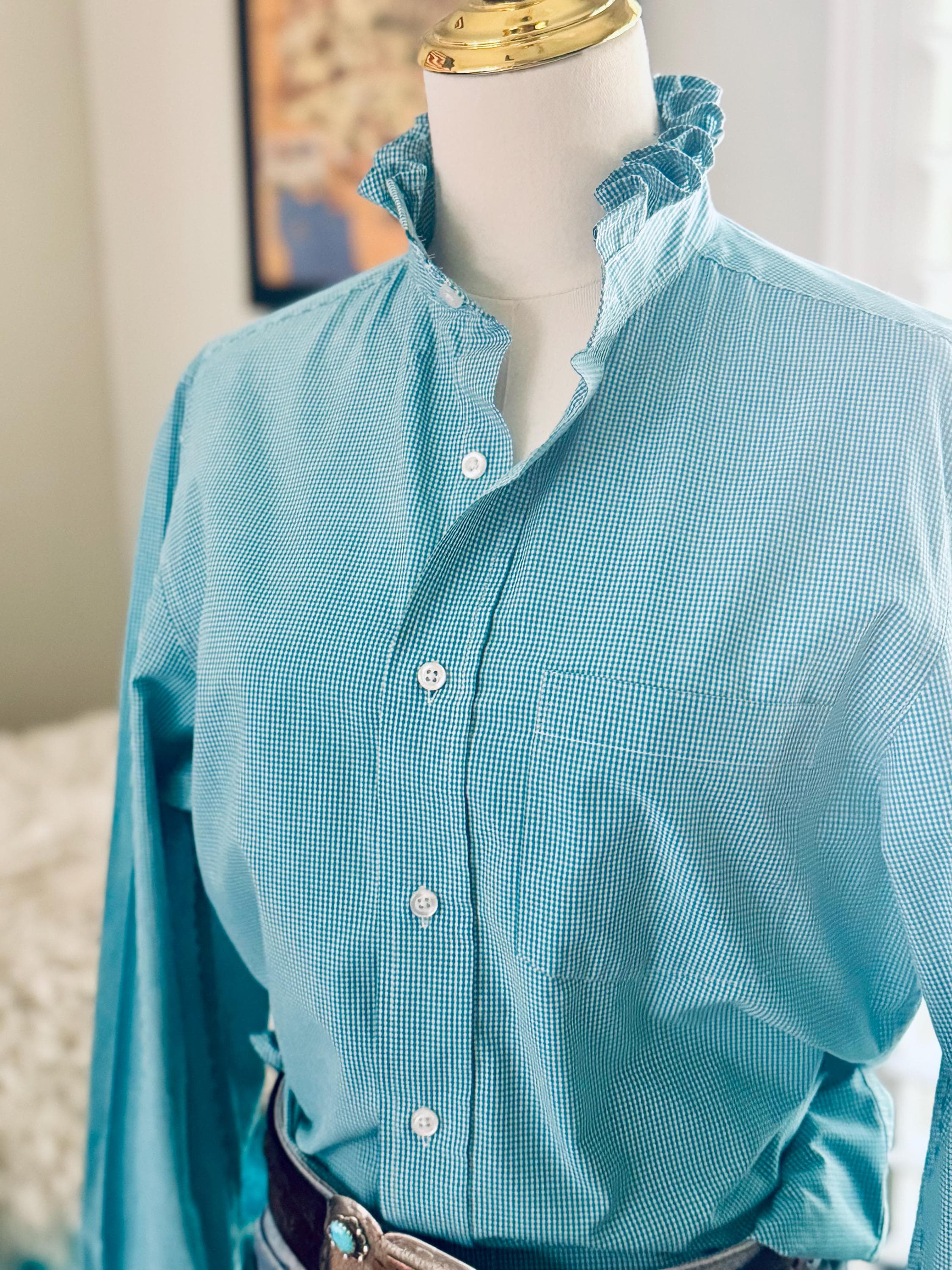 【Audire】ruffle sleeve blouse (Blue)/M Gossamer Pink Textured Bow Frilled Ruffle Sleeve Blouse