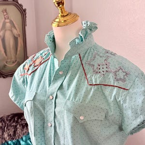 Reworked Pearl Snap Shirt: Pendleton Wool & Denim Star Appliqué Top, Hand Chain Stitch image 2