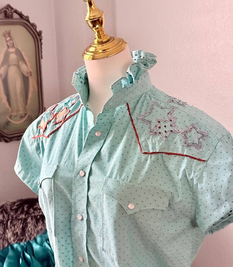 Reworked Pearl Snap Shirt: Pendleton Wool & Denim Star Appliqué Top, Hand Chain Stitch image 2