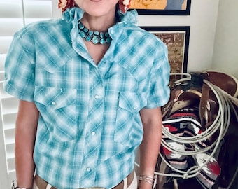 Upcycled Mens to Ladies Pearl Snap Ruffle Collar Top | Reworked Handmade Shirt