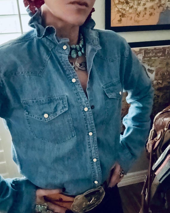 Reworked Medium Wash Denim Snap Ruffle Collar Top