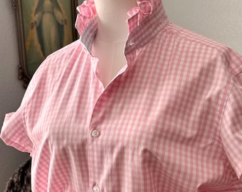 Reworked Gingham Classic Fit Short Sleeve Button-Down Shirt: Pink and White Checked Print