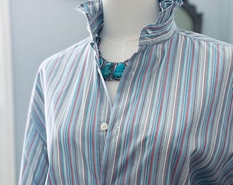 Upcycled Striped Ruffle Collar Shirt: Women's Cotton Button-Down