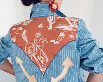 Reworked Pinstripe Denim Jacket with Buckin' Bronc Fabric and Cowhide Appliqués
