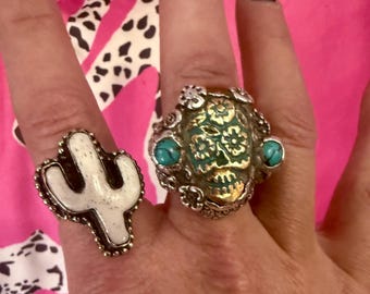 Tibetan Silver Adjustable Mini Cactus, Carved Buffalo Bone