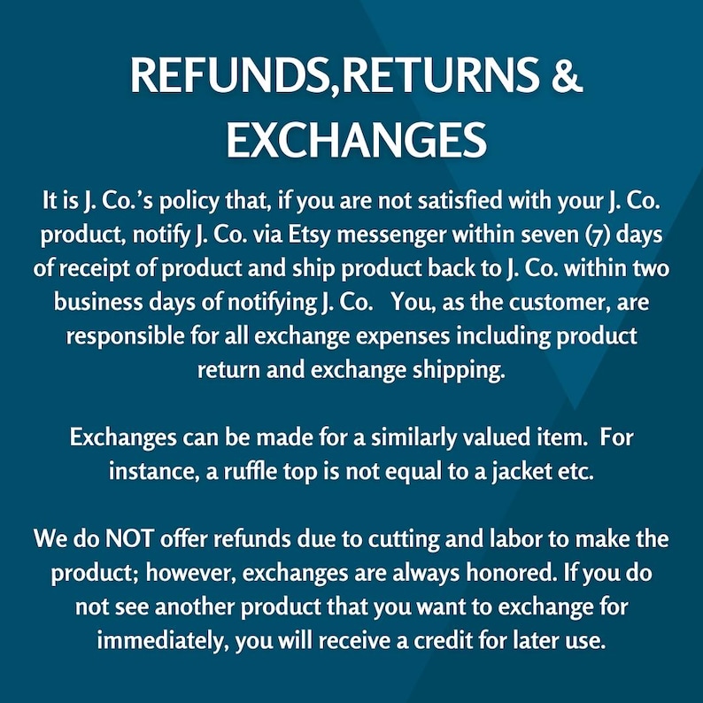 May include: Text on a teal background reads "REFUNDS, RETURNS & EXCHANGES." The text details the shop's policy: notify J. Co. within 7 days of receipt, ship back within 2 business days, and exchanges are honored. Refunds are not offered.