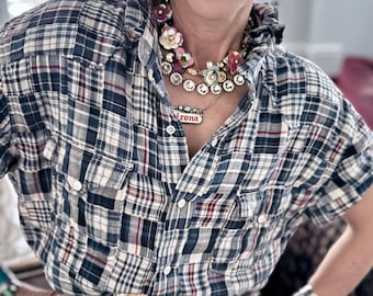 Reworked  Snap Shirt: Lucky Brand Western Wear Top,  Ruffle Collar