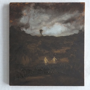 Small landscape painting with two figures wading through the water / miniature painting
