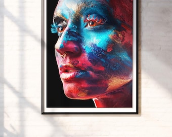 Colorful Face Portrait Poster, Surreal Wall Art, Abstract Woman Print, Modern Artistic Decor, Digital Download