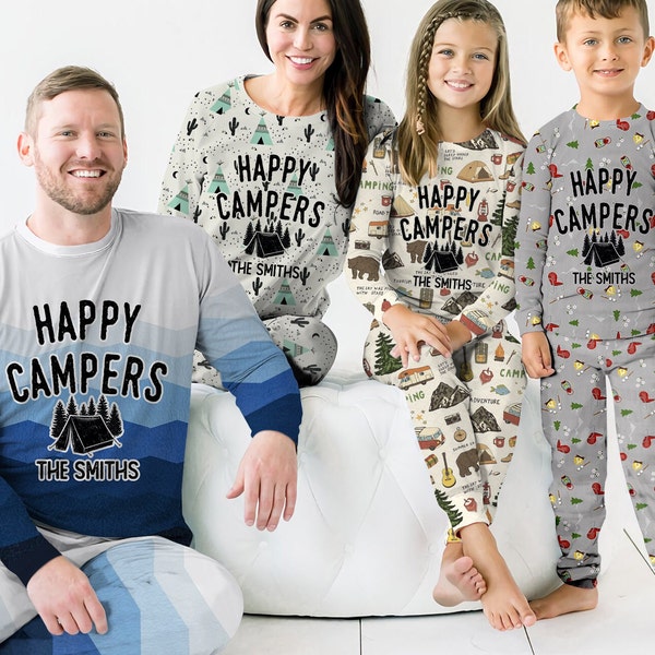 Camping Family Matching Sets, Custom Name Pajama Sets, Happy Campers Pjs, Personalized Camp Shirts, Campers Pajama, Custom Camp Crew Gifts