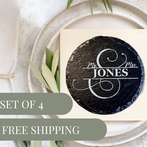 Elegante jonggehuwde gegraveerde leisteen perfecte aandenken aangepaste huwelijkscadeau vrijgezellenfeest monogram bar winkelwagen accessoire stenen onderzetters gratis verzending