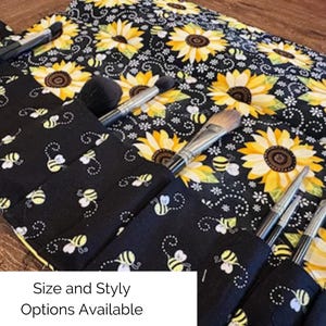 Quilted Handmade Makeup Brush Holder Travel Trifold Organizer Roll Up Cosmetic Case, bees, hummingbirds,