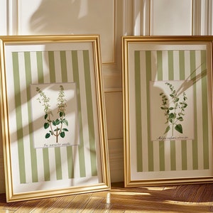 8 striped floral art prints, grandmillenial Nancy meyers inspired botanical print with periwinkle blue green purple and pink stripe prints