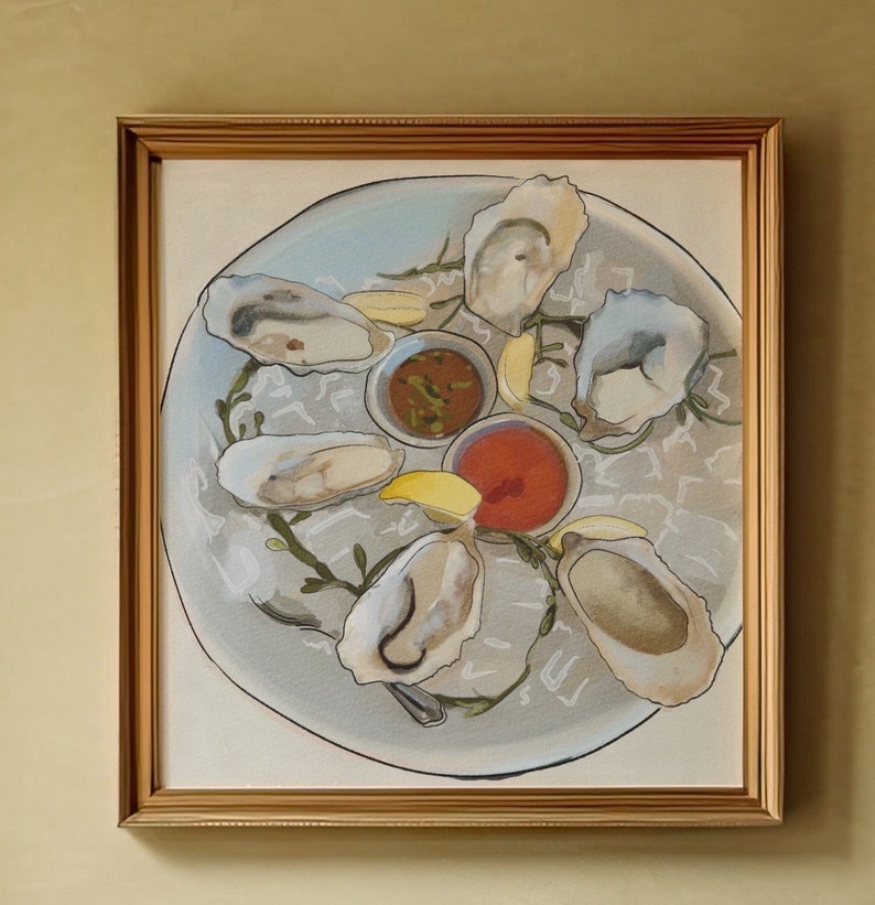 May include: A framed painting of a plate of oysters with lemon wedges and dipping sauces. The oysters are arranged in a circle around the plate, with the sauces in the center. The painting is done in a realistic style, with a focus on the details of the oysters and sauces.