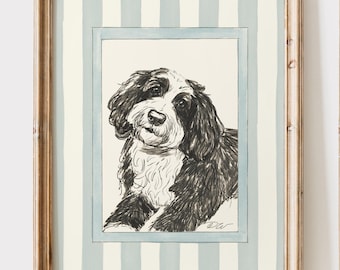 Bernedoodle Sketch Art Print, Striped Background (Digital Download)
