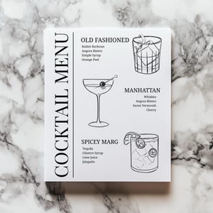 Menú de cócteles exclusivos dibujados a mano, menú de bebidas editable, plantilla personalizable para eventos y bares de bodas, imprimible moderno y vanguardista de 8,5 x 11