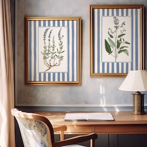 9 striped floral art prints, grandmillenial Nancy meyers inspired botanical print with striped mat blue teal and pink stripe prints