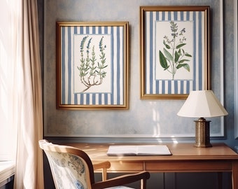 Striped Botanical Prints, Grandmillennial Art, Set of 9 (Digital Download)
