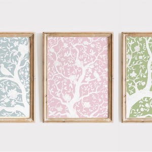 Pink Blue & Green Art Set, Chinoiserie Wall Art, Classic Painting, modern coastal English country, southern, large art 24x30 inch, set of 3
