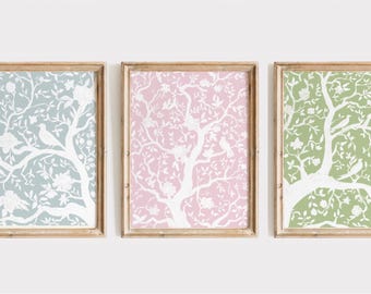 Stampe artistiche di alberi floreali in stile cinese, rosa, blu, verde (set di 3) (download digitale)