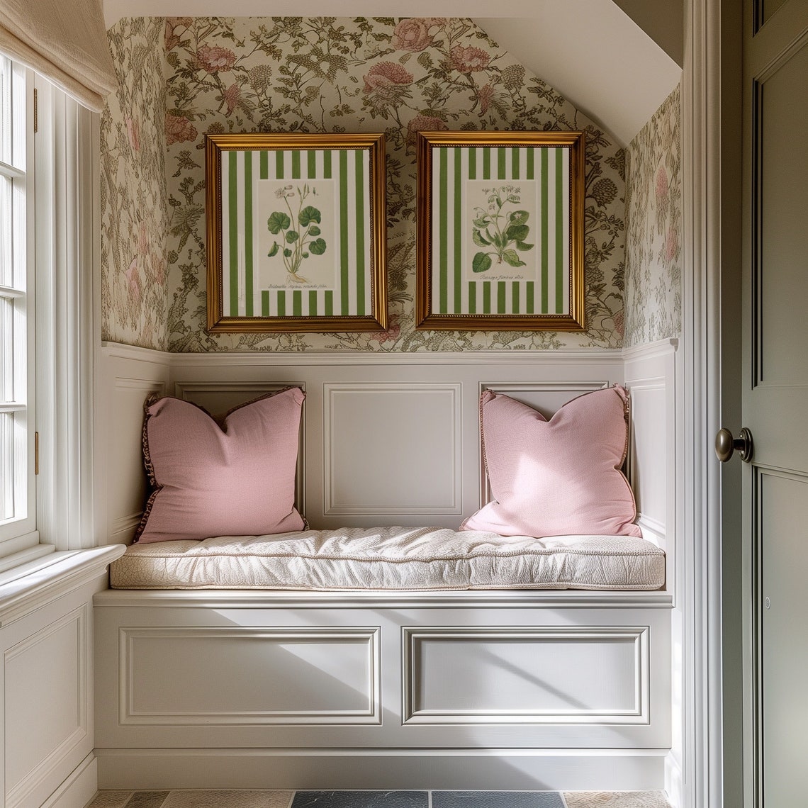 May include: A white bench with a padded seat and two pink pillows. The bench is in a corner of a room with white wainscoting and floral wallpaper. Two framed botanical prints with green and white stripes hang on the wall above the bench.