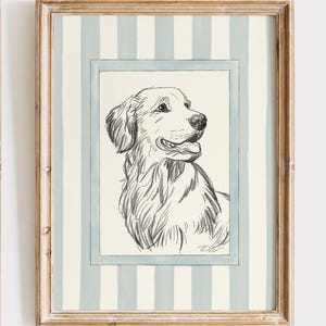 Golden Retriever Sketch Print, Striped Background, Dog Art (Digital Download)