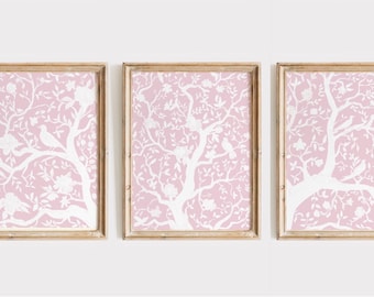 Set di arte cineseria rosa, sagome floreali, stile Grandmillennial (download digitale)